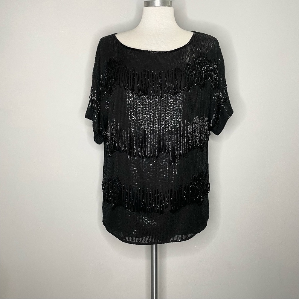 Vintage Silk Sequin Beaded Short Sleeve Blouse Top